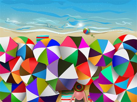 sunbathing crowd - vector illustration of crowded beach full of umbrellas, eps10 file, gradient mesh and transparency used Stock Photo - Budget Royalty-Free & Subscription, Code: 400-06770295