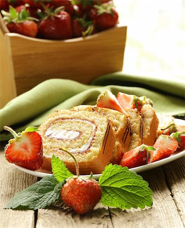 rolled biscuit - roulade cake with cream and fresh strawberries Stock Photo - Budget Royalty-Free & Subscription, Code: 400-06771126