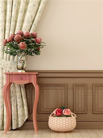Composition in the style of Provence, consisting of antique pink console and flowers against of curtains and beige walls Foto de stock - Royalty-Free Super Valor e Assinatura, Número: 400-06771316