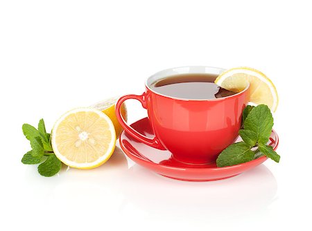 simsearch:628-02615924,k - Red tea cup with lemon and mint. Isolated on white background Foto de stock - Royalty-Free Super Valor e Assinatura, Número: 400-06772156