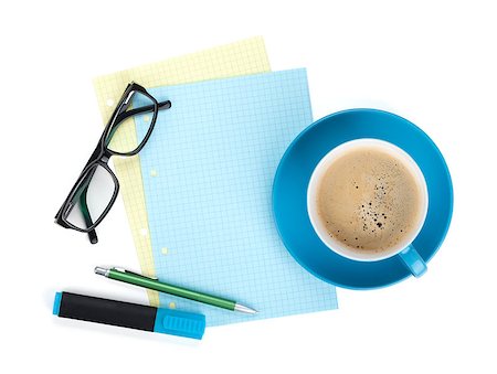 diary and pen with a cup of coffee - Blue coffee cup, glasses and office supplies. View from above. Isolated on white background Stock Photo - Budget Royalty-Free & Subscription, Code: 400-06772171