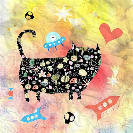 simsearch:400-07933418,k - silhouette of a cat on a watercolor background with rockets and heart Photographie de stock - Aubaine LD & Abonnement, Code: 400-06772907