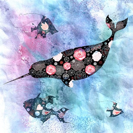 beautiful watercolor background with narwhal whale and fish Stockbilder - Microstock & Abonnement, Bildnummer: 400-06772908