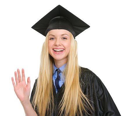 Happy young woman in graduation gown greeting Foto de stock - Super Valor sin royalties y Suscripción, Código: 400-06772957