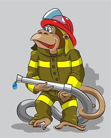 The cheerful monkey is dressed in a protective form of the firefighter, keeps in its hands a fire hose Photographie de stock - Aubaine LD & Abonnement, Code: 400-06773053