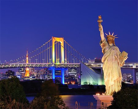 rainbow bridge tokyo - Statue of Liberty, Rainbow Bridge, and Tokyo Tower as seen from Odaiba in Tokyo, Japan. Stock Photo - Budget Royalty-Free & Subscription, Code: 400-06773094