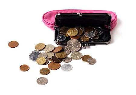 simsearch:614-00397698,k - Pink leather purse and several different coins on white background Photographie de stock - Aubaine LD & Abonnement, Code: 400-06787373