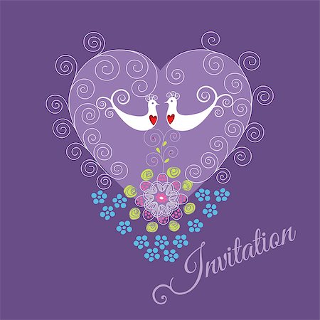 simsearch:400-05728242,k - Purple invitation with two love birds, heart ornament, swirls and flowers. This image is an illustration. Photographie de stock - Aubaine LD & Abonnement, Code: 400-06787571