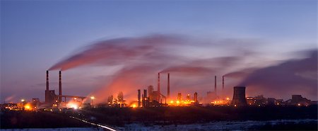 Panorama of the chemical factory in the evening, with lights and smoke, long exposure Stock Photo - Budget Royalty-Free & Subscription, Code: 400-06788194