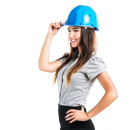 Beautiful and confident young female architect wearing a blue helmet, isolated on white background Stock Photo - Budget Royalty-Free & Subscription, Code: 400-06788364