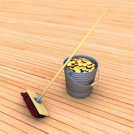bucket with coins and a mop, 3d illustration Stock Photo - Budget Royalty-Free & Subscription, Code: 400-06788539