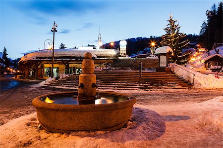 french alps lodges - Beautiful Fountain in Megeve At Morning, French Alps Stock Photo - Budget Royalty-Free & Subscription, Code: 400-06788814