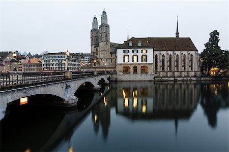 simsearch:400-08282569,k - View on Grossmunster Church and Zurich Downtown in the Evening, Switzerland Stock Photo - Budget Royalty-Free & Subscription, Code: 400-06788827