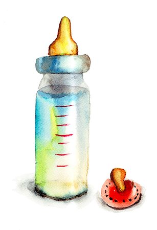 Baby bottle with milk and pacifier, watercolor illustration Stock Photo - Budget Royalty-Free & Subscription, Code: 400-06789065