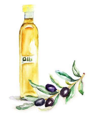 eating olive - Olive Oil in a glass bottle, watercolor illustration Stock Photo - Budget Royalty-Free & Subscription, Code: 400-06789097