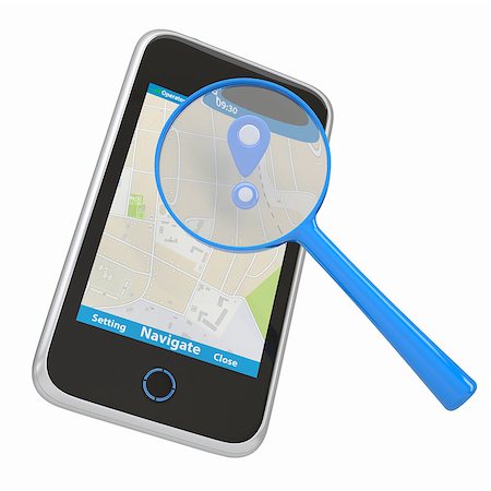 Smartphone with navigation map and a magnifying glass. Isolated render on a white background Stock Photo - Budget Royalty-Free & Subscription, Code: 400-06789515