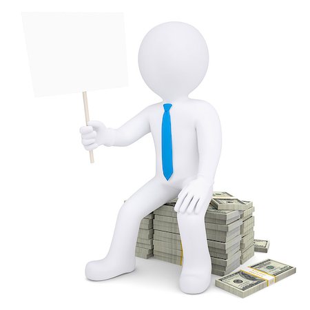 simsearch:400-06789466,k - 3d white man with a placard sitting on a pile of money. Isolated render on a white background Stock Photo - Budget Royalty-Free & Subscription, Code: 400-06789522
