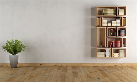 Empty interior with wooden wall bookcase - rendering Photographie de stock - Aubaine LD & Abonnement, Code: 400-06789593