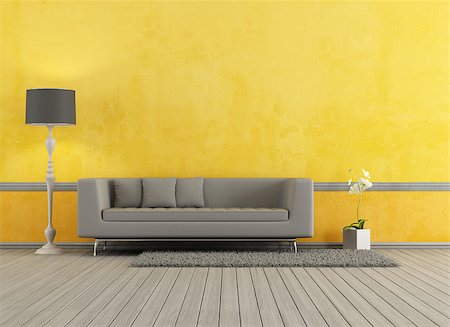 Gray modern sofa in a yellow living room - rendering Stock Photo - Budget Royalty-Free & Subscription, Code: 400-06789600