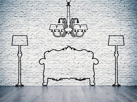 simsearch:400-06789667,k - Black silhouettes of the furniture line before white brick wall Stock Photo - Budget Royalty-Free & Subscription, Code: 400-06789667