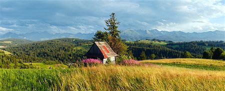 Summer evening mountain village outskirts with pink flowers and wooden shed in front and Tatra range behind(Gliczarow Gorny, Poland) Stock Photo - Budget Royalty-Free & Subscription, Code: 400-06794329