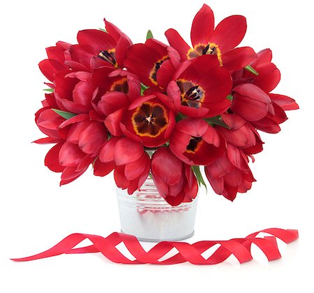 simsearch:400-06356460,k - Red tulip flower arrangement in a metal vase with ribbons over white background. Foto de stock - Super Valor sin royalties y Suscripción, Código: 400-06794499