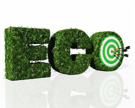 simsearch:400-06928460,k - eco word composed from letters that are covered by grass and flowers, and a dartboard with three darts stuck in it covers the hole of the letter O, on a white background Stock Photo - Budget Royalty-Free & Subscription, Code: 400-06794726