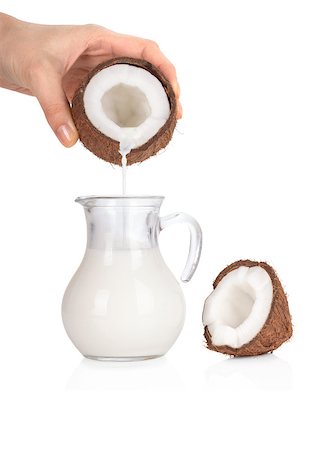 Woman's hand pouring coconut milk into a jar isolated on white background Stock Photo - Budget Royalty-Free & Subscription, Code: 400-06794858