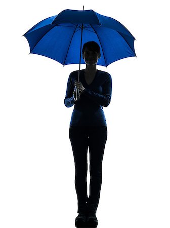 silhouette girl with umbrella - one caucasian woman smiling  holding umbrella  in silhouette studio isolated on white background Stock Photo - Budget Royalty-Free & Subscription, Code: 400-06795016