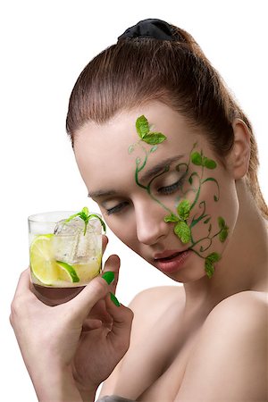 beauty portrait of summer girl with brown hair, creative fresh make-up and mojito cocktail in hand Stock Photo - Budget Royalty-Free & Subscription, Code: 400-06795079