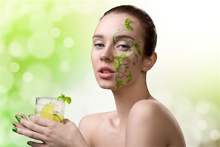 sensual woman with naked shoulders, creative fresh make-up with mint leaves and cold mojito cocktail in the hand Stock Photo - Budget Royalty-Free & Subscription, Code: 400-06795080