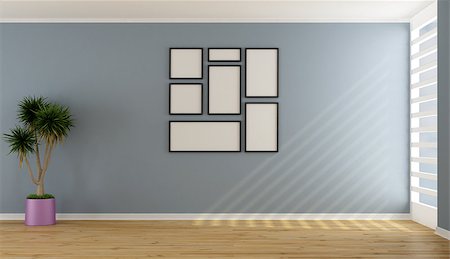 simsearch:400-06797947,k - Blue living room with window and blank frames - rendering Stock Photo - Budget Royalty-Free & Subscription, Code: 400-06795749