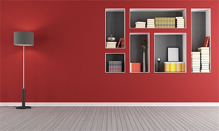 Red empty  living room with  niches used as a bookcase - rendering Stock Photo - Budget Royalty-Free & Subscription, Code: 400-06795755