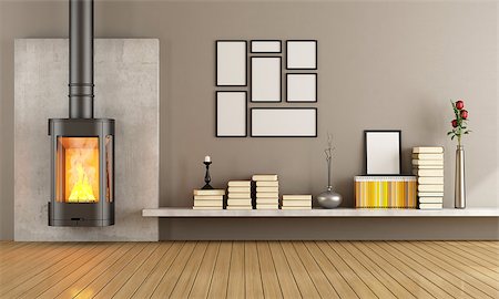 simsearch:400-06795753,k - Empty living room with modern fireplace - rendering Stock Photo - Budget Royalty-Free & Subscription, Code: 400-06795750