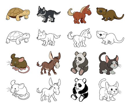 A set of cartoon animal illustrations. Color and black an white outline versions. Stock Photo - Budget Royalty-Free & Subscription, Code: 400-06795772