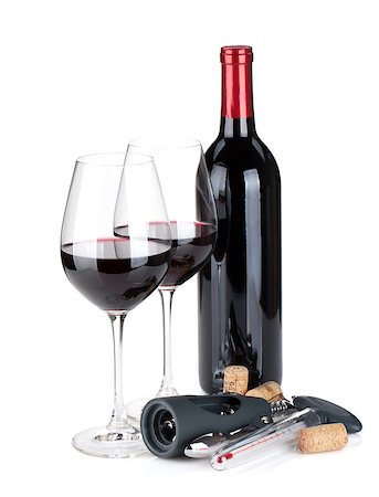 simsearch:400-06796159,k - Red wine, corks and corkscrew. Isolated on white background Stock Photo - Budget Royalty-Free & Subscription, Code: 400-06796159