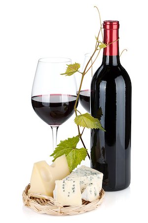 simsearch:400-06796159,k - Red wine bottle, glasses and cheese. Isolated on white background Stock Photo - Budget Royalty-Free & Subscription, Code: 400-06796161