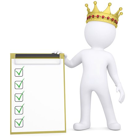 simsearch:400-06797580,k - 3d white man with a crown holding a checklist. Isolated render on a white background Stock Photo - Budget Royalty-Free & Subscription, Code: 400-06797539