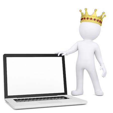 simsearch:400-06797580,k - 3d white man with a crown holding a laptop. Isolated render on a white background Stock Photo - Budget Royalty-Free & Subscription, Code: 400-06797540