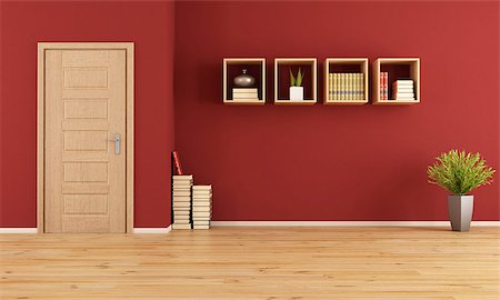 simsearch:400-06797947,k - Empty red living room with wooden door and bookcase - rendering Stock Photo - Budget Royalty-Free & Subscription, Code: 400-06797949