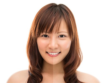 Asian woman face with half tan skin (before and after) isolated on white background. Beautiful Asian girl model. Stock Photo - Budget Royalty-Free & Subscription, Code: 400-06798609