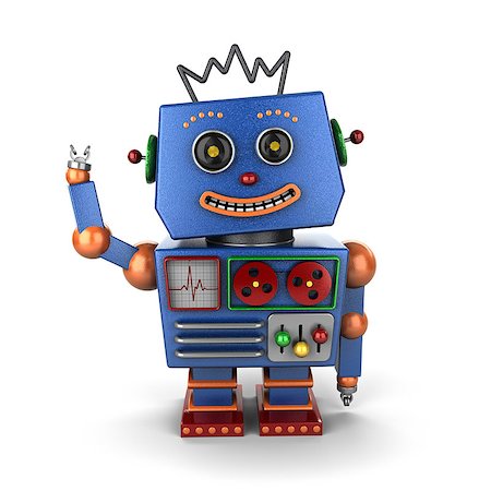 simsearch:400-07511289,k - Smiling and waving vintage toy robot over white background Fotografie stock - Microstock e Abbonamento, Codice: 400-06799149