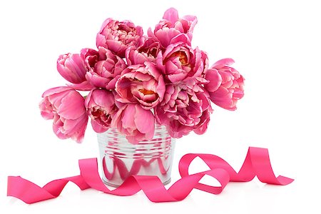 simsearch:400-06356460,k - Pink tulip flower arrangement in a metal vase with ribbon over white background. Foto de stock - Super Valor sin royalties y Suscripción, Código: 400-06790447