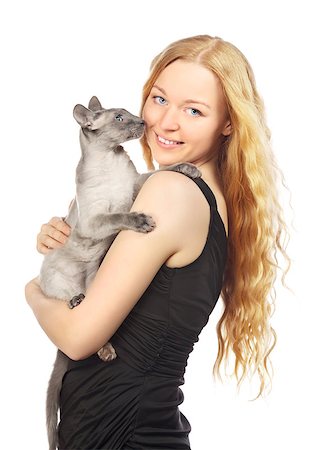 people playing with cats - beautiful girl with cat, isolated on white Stock Photo - Budget Royalty-Free & Subscription, Code: 400-06790910