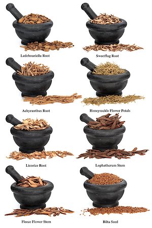 Large chinese herbal medicine ingredients in marble mortars with pestles over white background, with titles Stock Photo - Budget Royalty-Free & Subscription, Code: 400-06790963