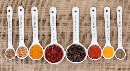 Spice selection in white china spoons with millilitre measurement over hessian background. Stock Photo - Budget Royalty-Free & Subscription, Code: 400-06790994