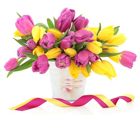 simsearch:400-06356460,k - Pink and yellow tulip flower arrangement in a metal vase with ribbons over white background. Foto de stock - Super Valor sin royalties y Suscripción, Código: 400-06791007