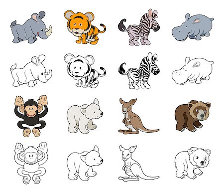 A set of cartoon wild animal illustrations. Color and black an white outline versions. Photographie de stock - Aubaine LD & Abonnement, Code: 400-06791376