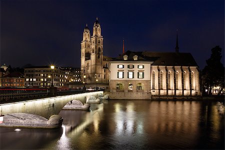 simsearch:400-08282569,k - View on Grossmunster Church and Munsterbrucke Bridge in the Evening, Zurich, Switzerland Stock Photo - Budget Royalty-Free & Subscription, Code: 400-06792007