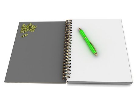 simsearch:400-05206224,k - Notebook with a spiral, a handful of paper clips and a green pen on a white background Stockbilder - Microstock & Abonnement, Bildnummer: 400-06792148